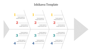 Gray fishbone style diagram with angled lines, each connected to numbered text areas in different colors.