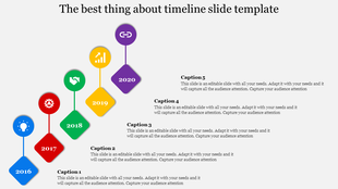 Timeline slide with colorful circular icons and diamonds representing years 2016 to 2020, with captions on the right.