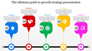 A growth strategy slide featuring five colorful icons with captions, each representing different stages.