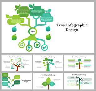 Tree infographic slide deck with icons and branches five thumbnail variations of tree designs below.