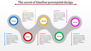 Timeline design with five colorful circular nodes labeled 2016 to 2020, connected by a curved gray path.
