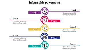 Five step infographic showcasing work, target, growth, money, and success with colorful circular icons and horizontal layout.