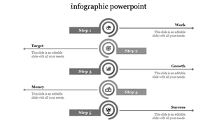 Five step infographic showcasing work, target, growth, money, and success with gray circular icons and horizontal layout.