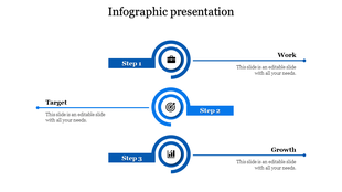 Three step infographic template with blue accents, icons for work, target, and growth, and descriptive text areas.
