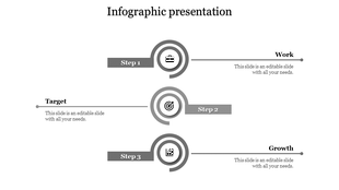 Minimalistic infographic with gray circular icons and steps labeled 1 to 3, with descriptive captions.