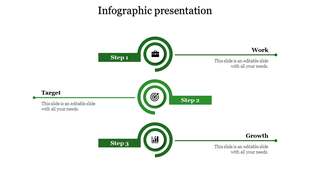 Three step green infographic with circular icons and horizontal connectors for Work, Target, and Growth.