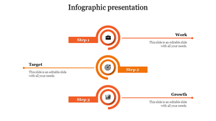 Three step infographic template with orange accents, icons for work, target, and growth, and descriptive text areas.