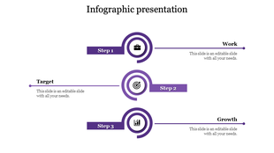 Clean infographic design showing three steps with circular icons, in horizontal alignment with purple tones.