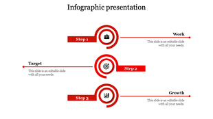 Red themed infographic with spiral icons for step 1, step 2, and step 3, linked to work, target, and growth.