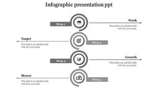 Infographic presentation slide with a four step vertical layout work, target, growth, and money, linked by gray circles.