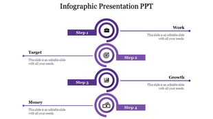 Infographic timeline with four purple circular steps labeled as work, target, growth, and money placed in a white backdrop.
