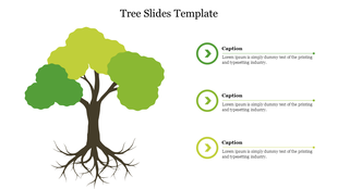 Tree illustration with brown trunk, leaves in green shades, and roots, paired with three captions aligned on the right.