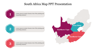 South Africa map with provinces Northern Cape in purple, Free State in blue, and Eastern Cape in teal, with captions.
