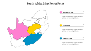 South Africa map slide with distinct color regions for Northern Cape, Free State, and Eastern Cape, with placeholder text.
