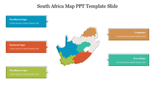 South Africa map with five regions highlighted in different colors, each having a caption with placeholder text areas.