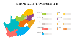 Colorful South Africa map with labeled provinces on the right, each paired with a progress bar in matching colors.