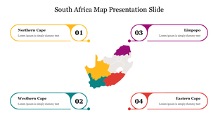 Color coded map of South Africa highlighting provinces Northern Cape, Limpopo, Western Cape, and Eastern Cape with captions.