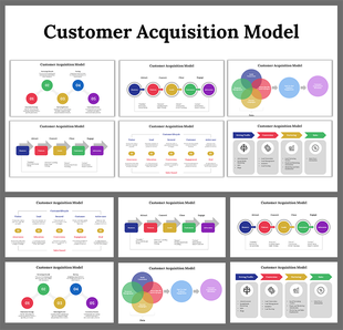 Customer acquisition model slides featuring colorful diagrams and stages such as attract, convert, close, and engage.