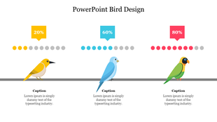 Three birds in yellow, blue, and green perched on a gray line, each with progress bars and captions below.