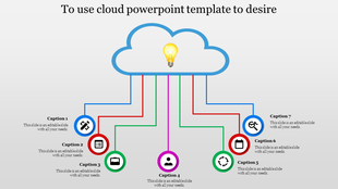Infographic featuring a cloud with a lightbulb and seven colored lines leading to icons below, each with placeholder text.