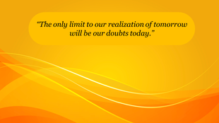 Orange and yellow gradient background with flowing wave lines and a centered yellow speech bubble containing a quote.