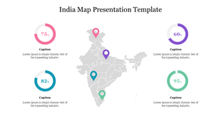 Gray India map with color coded location markers and circular percentage diagrams in pink, purple, blue, and green.