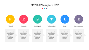 PESTLE framework with round icons in yellow, red, green, teal, blue, and purple, each representing business factors.