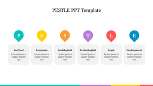 Colorful PESTLE analysis PPT template featuring six sections from Political to Environmental factors with placeholder text.