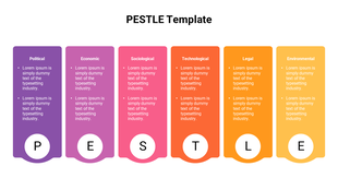 Vibrant PESTLE slide with sections for political, economic, sociological, technological, legal, and environmental analysis.