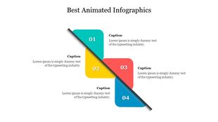 Four animated step infographic aligned diagonally, featuring colored sections in teal, yellow, red, and blue with captions.