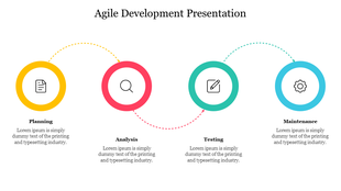 Horizontal Agile process graphic featuring colorful circle with icons and titles for each phase from planning to maintenance.