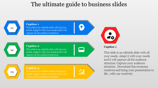 Business slide with three colorful horizontal banners in blue, green, and yellow, each labeled with captions and icons.