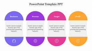 Colorful PPT template featuring business, process, target, and profit sections, with relevant icons and placeholder text.