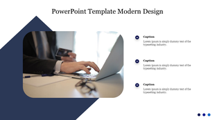 Modern slide with a photo of a person using a laptop and credit card on the left, and three captions with icons on the right.