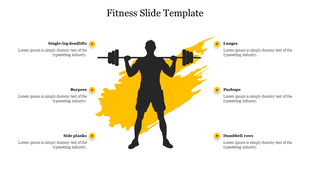 Fitness slide with the silhouette of a person lifting weights and labeled exercise options around.
