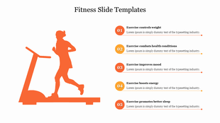 Orange silhouette of a person on a treadmill, with five numbered benefits of exercise listed on the right.