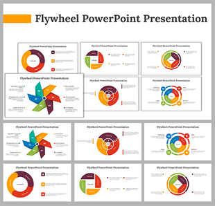 A pack of preview flywheel slides featuring various circular and segmented diagrams in different colors with placeholders.