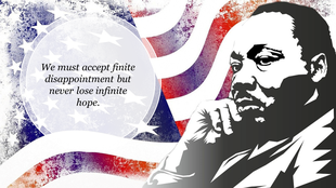 Slide with an artistic portrait of Martin Luther King and a circular text overlay on an abstract American flag pattern.