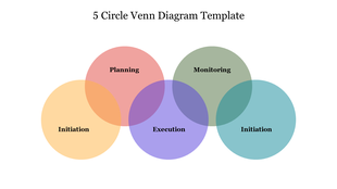 A colorful Venn diagram with five overlapping circles labeled initiation, planning, execution, monitoring, and initiation.
