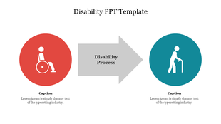 Slide with a disability process diagram, showing a person in a wheelchair icon transitioning to a person with a cane icon.