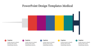 Colorful syringe design with segments in red, purple, blue, yellow, and green, each labeled with captions below.