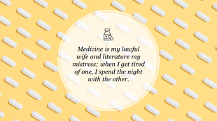 Medical slide with white capsules on a yellow background and a centered circular text box featuring a quote about medicine.