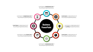 A creative business PowerPoint slide with colorful icons with placeholder text.