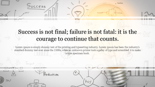 Inspirational quote slide with a glowing light bulb on the right and hand-drawn business icons in the background.