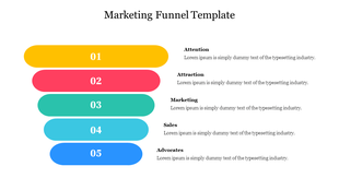 Five stage horizontal marketing funnel with rounded bars in yellow, red, green, teal, and blue, labeled with numbers.