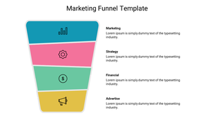 Four layer funnel in blue, pink, green, and yellow, each with icons and descriptions on the right.