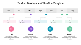 Product development timeline slide showing phases from January to August with colorful numbers sections and placeholder text.