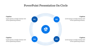 Circular process infographic with four numbered blue nodes arranged in a loop, around a central icon of a rocket.