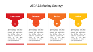 Four blocks arranged horizontally, representing stages of marketing in red and yellow shades with descriptions below.