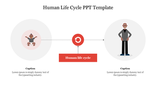 Simple human life cycle layout with baby and elderly man in circles, arrows pointing through a central red circular icon.